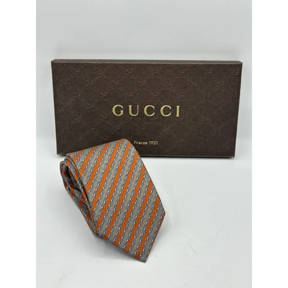 GUCCI GG Horsebit Silk Tie Orange Taupe Stripe Italy Luxury Necktie $250